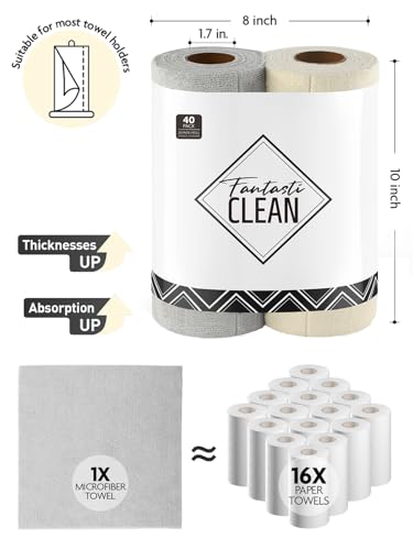 Fantasticlean Kitchen Towels - 40 Sheets - Reusable Washable Dishcloth Rolls, Super Absorbent, Premium Microfiber Cleaning Cloths, 10'' by 10'' (Beige, Grayish) - color: Beige and Grayish