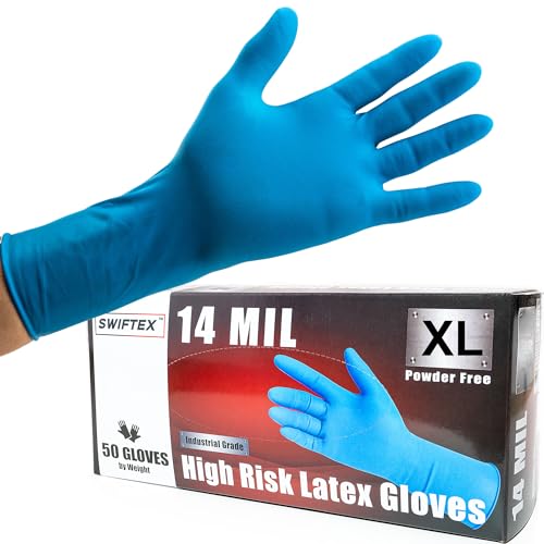 Heavy Duty Thick Latex Gloves, 14mil, Blue, Industrial, Powder Free, 12" Length, Textured, Multi-Purpose, Box of 50 - size: XX-Large