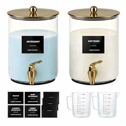 Glass Laundry Detergent Dispenser,1 Gallon Large Liquid Soap 2 Pack(Gold) | Complete borosilicate jars set with leakproof spigots, protective silicone mats, minimalist labels, and dosing cups - color: Gold