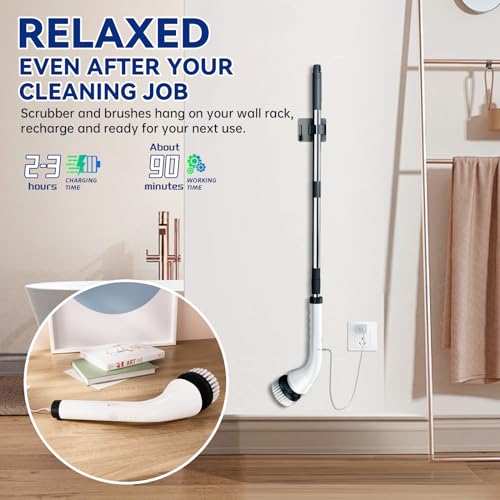 Electric Spin Scrubber,Cordless Bathroom Cleaning Brush with Replaceable Heads & Adjustable Extension Long Handle,Dual Speeds Power Shower Scrubber for Tile,Bathtub,Floor,Kitchen (White)
