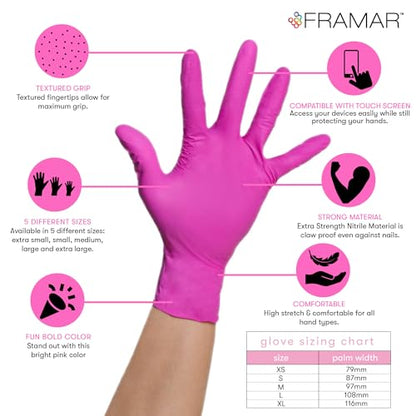 FRAMAR Pink Gloves Disposable Latex Free XS – Pink Nitrile Gloves XS, Nitrile Glove For Hair Dye, Salon, Cleaning, Tattoo, Food Prep, Non Latex Rubber, Extra Durable – 100 Pack - size: X-Small