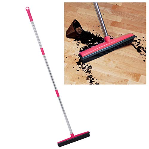 Pet Hair Removal Rubber Broom with Squeegee, Fur Remover Broom with Telescoping Long Handle for Carpet, Hardwood Floor, Tile, 12.6in (Pink) - color: Pink