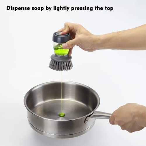 DAPOWER Dish Brush with Soap Dispenser, Kitchen Scrub Brush for Dishes Pots Pans Sink Cleaning, Dish Scrubber with Holder Set