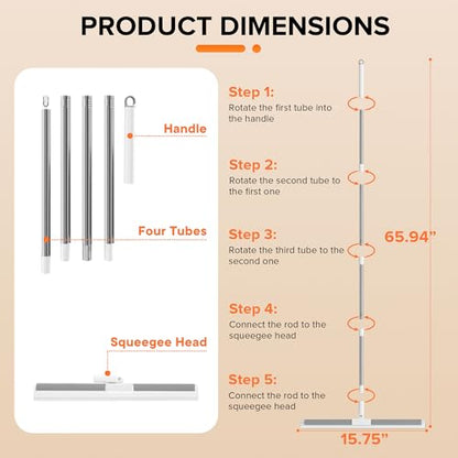 Silicone Squeegee for Floor, 180° Rotating Squeegee Broom, Floor Squeegee with a Long Handle, Squeegee for Water and Pet Hair Removal on Bathroom Floors, Tile, Glass, Indoor Window Cleaning Tool - size: 16in | 4-Section Pole (62in) | No Pad