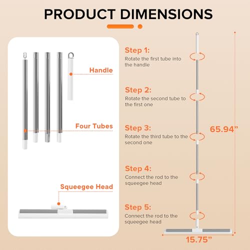 Silicone Squeegee for Floor, 180° Rotating Squeegee Broom, Floor Squeegee with a Long Handle, Squeegee for Water and Pet Hair Removal on Bathroom Floors, Tile, Glass, Indoor Window Cleaning Tool - size: 16in | 4-Section Pole (62in) | No Pad