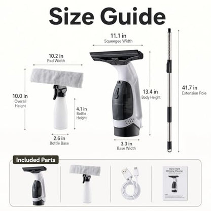 Cordless Window Vacuum Cleaner with Extension Pole, Rechargeable Glass Cleaning Squeegee Kit, 5.07 fl oz Water Tank, Spray Bottle & Microfiber Pad for Windows Shower Doors Mirrors Tiles