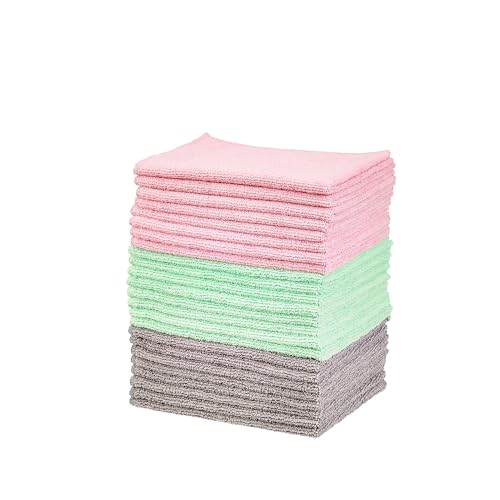 Amazon Basics Microfiber Cleaning Cloths, Ultra-Soft and Highly Absorbent, Streak-Free, Lint-Free, Scratch-Free, Washable, for Car Detailing and Glass Cleaning, 16" x 12", Green/Gray/Pink, 24-Pack - color: Green/Gray/Pink, size: 24-Pack