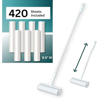 Large Lint Roller with Extra Sticky Roller and 420 Sheets 9.5" Wide, Floor Lint Roller Long Handle, Extendable to 41", Carpet, Couch, Pet Hair, Clothing Cleaning Supplies (White Roller + 7 Refills) - size: White Roller + 7 Refills