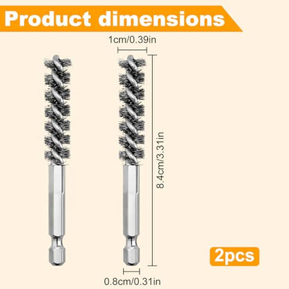 2-Pack Stainless Steel Bore Brush Set with 1/4" Hex Shank Twisted Wire Bristles, Electric Drill Attachments Wire Brush for Rust and Tube Cleaning, Also Work as Golf Shaft Ferrules Cleaner Tool