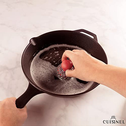 Cuisinel Cast Iron Chainmail Scrubber + Pan Scraper - The Patented Original Ergonomic Stainless & Silicone Pot & Skillet Cleaner - Premium Food-Safe Design - Easy Clean Dishwasher Safe Cookware Sponge - color: Red, size: Standard