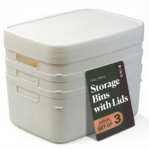 BINO | Plastic Storage Bins with Lids, 13 Liter - 3 Pack, White | THE TWILL COLLECTION | Plastic Bins for Organization | Woven Storage Baskets for Organizing | Pantry Shelf Organizer Basket Bin - color: White, size: 13L | 3-Pack