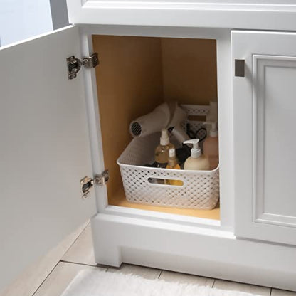 Simplify Medium Resin Wicker Storage Bin | Dimensions: 14"x11.5"x5.15" | Durable | 2 Open Handles | Wicker Design | Light Weight | Home Organization | White
