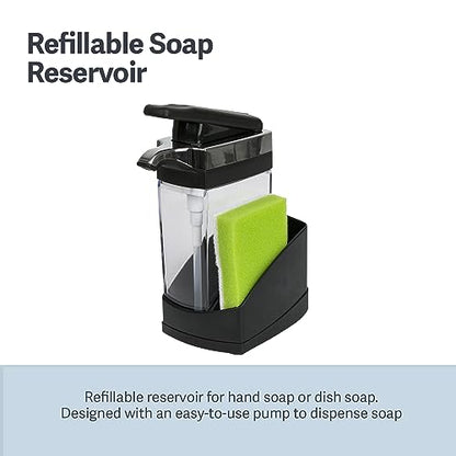 Casabella Sink Sider Solo Kitchen Soap Pump and Sponge Caddy, Black/Chrome - 2-in-1 Soap and Sponge Caddy, One-Hand Soap Dispensing, Ergonomic Design, Easy to Refill and Clean, Efficient Size - color: Black/Chrome