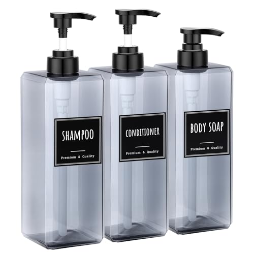 Segbeauty 33.8oz Empty Plastic Soap Dispenser with Labels, 3pcs Large Pump Bottles for Shampoo and Conditioner, 1000ml Gray Refillable Soap Dispenser Bathroom, Sqaure Lotion Pump Bottle Container - color: Gray, style: 3pcs