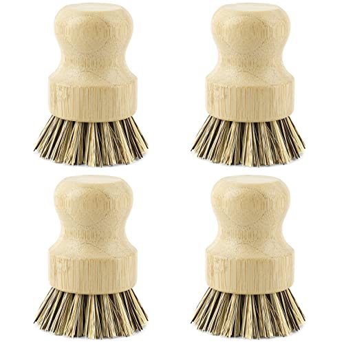 AUEAR, Natural Bamboo Dish Scrub Brush Cleaning Pot Scrubber Brushes Coconut Bristles for Cast Iron Skillet Pots Pans (4 Pack) - color: Deep, size: 4-Pack