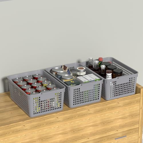 Readsky 3 Packs Plastic Storage Basket Desktop Organizer, Large Storage Baskets, Gray