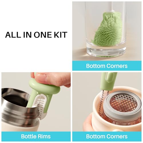 JOYMOOP Silicone Bottle Brush & Straw Cleaner Brush Set, Multi-Functional Bottle Washer for Sports Water Bottle,Glassware,Vase,and Narrow Neck Containers,Green - color: Green