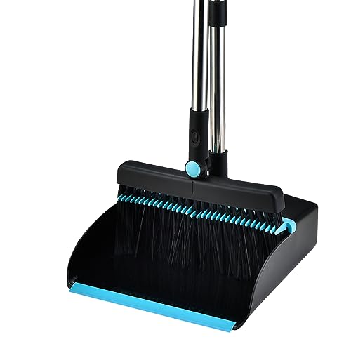 Broom and Dustpan Set for Home, Long Handle Dust Pan and Broom Combo for Indoor Outdoor Heavy Duty Dustpan Set for Kitchen Lobby Office Upright Standing Dustpan with Teeth (Deep Blue) - color: Deep Blue
