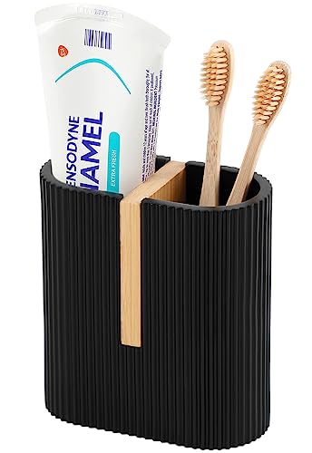rejomiik Matte Black Toothbrush Holders Electric Toothbrush Holder for Bathrooms, Bamboo Tooth Brushing and Toothpaste Storage Organizer for Sink, Countertop - color: Black, size: 2 Slots