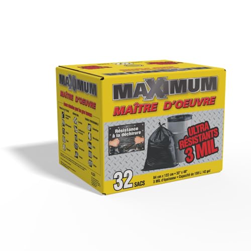 Maximum Heavy Duty Garbage Bags, 42-Gallon, 3 Mil, Black Garbage Bags Extra Large, Tear Resistant, Industrial Strength, 32 Counts - color: Black