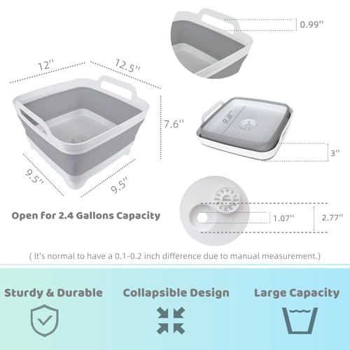 GIMWA Collapsible Wash Basin with Drain Plug - 2.4 Gallon Foldable Kitchen Sink for Baby Bottles, RV Camping, Space-Saving Dish Tub (Gray-Pink) - color: Gray-pink