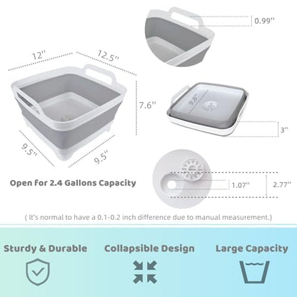 GIMWA Collapsible Wash Basin with Drain Plug - 2.4 Gallon Foldable Kitchen Sink for Baby Bottles, RV Camping, Space-Saving Dish Tub (Gray-Pink) - color: Gray-pink