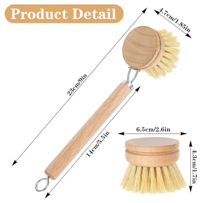 Kifmurase Bamboo Dish Brush with Handle, 10 Pcs Replacement Heads Wooden Kitchen Brush for Dishes, Vegetable Brushes Dish Scrubber for Cleaning Kitchen Room Vegetable Pots and Pans