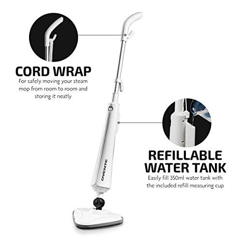 OVENTE Electric Steam Mop Cleaner, 1300W Floor Steamer with Swivel Head, Refillable Water Tank and Washable Microfiber Pad for Cleaning Carpet, Hardwood, Laminate Floor, Tiles and Grout, White ST405W - color: White