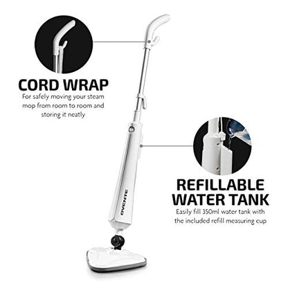 OVENTE Electric Steam Mop Cleaner, 1300W Floor Steamer with Swivel Head, Refillable Water Tank and Washable Microfiber Pad for Cleaning Carpet, Hardwood, Laminate Floor, Tiles and Grout, White ST405W - color: White