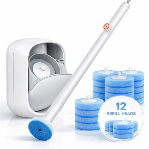 Disposable Toilet Cleaner Wand and Holder Set, Wall Mounted Toilet Bowl Brush Kit with 12 Refill Heads, Hygienic Toilet Cleaning System for Bathroom and RV - size: Toilet Brush + Storage Caddy + 12 Refills