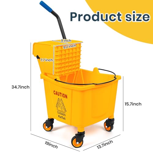35 Quart Commercial Mop Bucket with Side Press Wringer on Wheels and 1 Industrial Mop for Floor Cleaning, Use at Home Business Area, Janitorial Supplies, Rectangular
