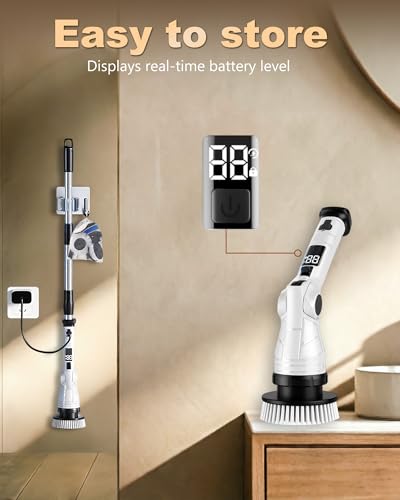 Cordless Electric Spin Scrubber, IPX7 Waterproof with 8 Replaceable Brush Heads, 3 Speeds & 6 Adjustable Angles, Extension Handle and LCD Display, for Bathroom, Bathtub, Kitchen & Wall Cleaning