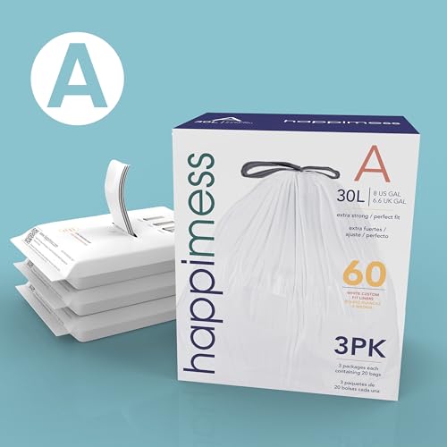 happimess 8 Gallon (30L) Drawstring Trash Bags, Unscented, White, Heavy Duty LDPE Liners for Kitchen and Household, Custom Fit 100 Count (5 Packs of 20 Liners) HPM3000A-W-5SET - color: White, size: 100 Count (Pack of 1)