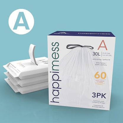 happimess 8 Gallon (30L) Drawstring Trash Bags, Unscented, White, Heavy Duty LDPE Liners for Kitchen and Household, Custom Fit 40 Count (2 Packs of 20 Liners) HPM3000A-W-2SET - color: White, size: 40 Count (Pack of 1)