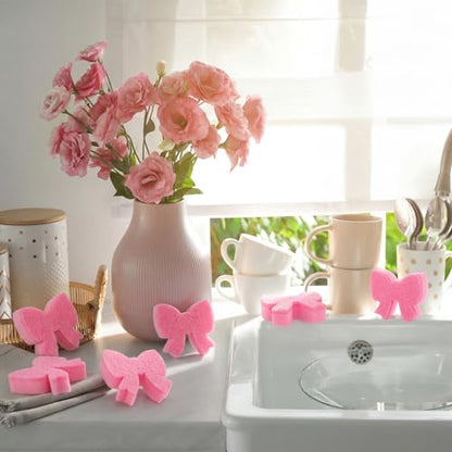 Tioncy 12 Pack Pink Bow Sponges Bulk Preppy Dual Sided Scrubber Stylish Pink Bow Sponges Reuseble Non Scratch Dishwashing Kitchen Cleaning Accessories for Cookware Pot Boiler Pan Household - style: Stylish Bow