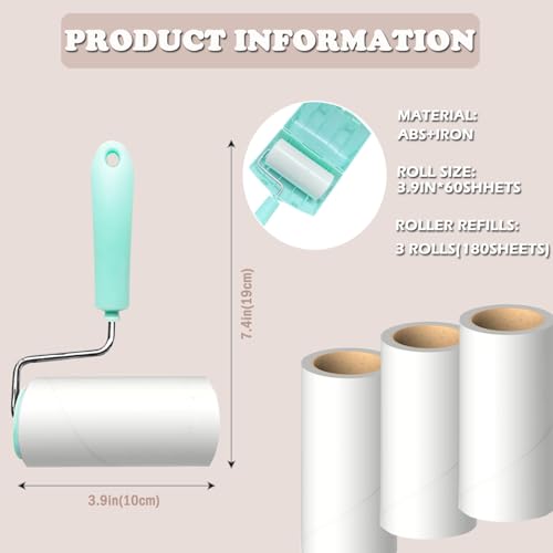 Lint Roller Remover with 180 Sheets, Pet Hair Remover Extra Sticky Roller Hair Dust Remover for Clothes, Furniture, Travel Household 1 Handle+3 Rollers Dog &Cat Hair Removal Green - size: 3.9 inch Green