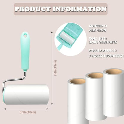 Lint Roller Remover with 180 Sheets, Pet Hair Remover Extra Sticky Roller Hair Dust Remover for Clothes, Furniture, Travel Household 1 Handle+3 Rollers Dog &Cat Hair Removal Green - size: 3.9 inch Green