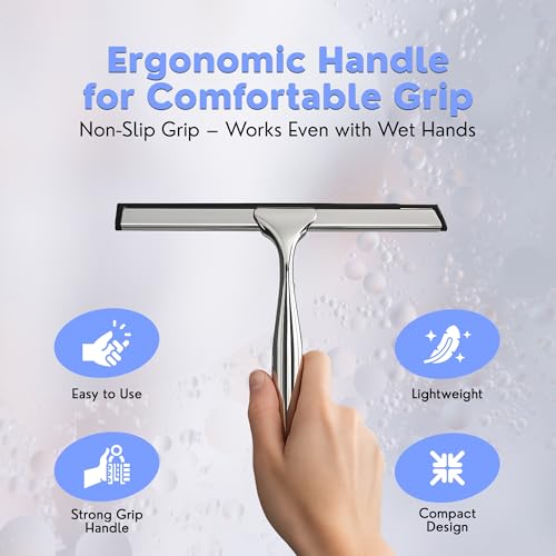 All-Purpose Shower Squeegee for Shower Doors, Bathroom, Windows, Mirrors, Tiles, and Car Glass – 11 Inches Stainless Steel with Hook (Silver)