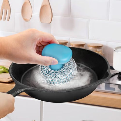 Cast Iron Scrubber | Dish Scrub Brush | 316 Cast Iron Cleaner Chainmail Scrubber for Pan Skillet Cleaner - Blue - color: Blue