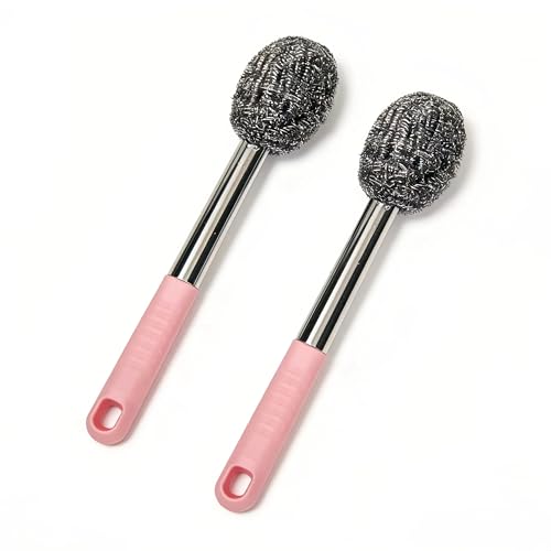 2PCS Steel Wool Scrubber with Handle Rustproof, Cast Iron Scrubber, Stubborn Messes Pot Brush, Remove Dirt for Cleaning Stoves,Sinks Dishes Grills Bowls & Metal Wire Sponge for Kitchens - color: Pink