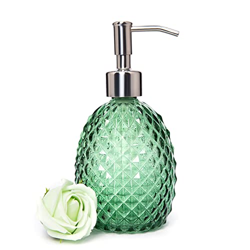 Glass Soap Dispenser with Stainless Steel Pump, 12oz Clear Dish Soap/Hand Soap/Laundry Soap/Lotion Dispenser, Refillable Liquid Dispenser for Bathroom Kitchen Shower (Green) - color: Green