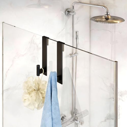 Shower Door Hooks, 7.5 Inch Extended Towel Hooks for Bathroom, Towel Hooks for Shower Glass Door Frameless fit for 3/8" (10mm) Thick, Stainless Steel Towel Hanger, Black, 2 Pack