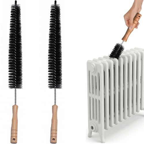 2-Pack Radiator Brush, 17-Inch Long Reach Flexible Radiator Cleaner with Wooden Handle, Multipurpose Dryer Lint Brush & Refrigerator Coil Cleaning Brush for Narrow Gaps, Vent Cleaner & Duster