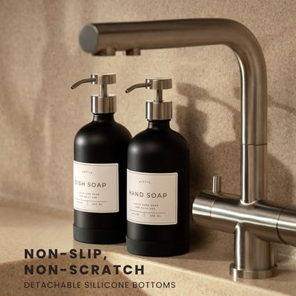 Hand and Dish Soap Dispenser for Kitchen and Bathroom, Set of 2 16 Oz Glass Bottles, Stainless Steel Pumps, Non-Slip Silicone Base, 27 Waterproof Labels (Matte Black Bottle/Brushed Silver Pump) - color: Matte Black Bottle / Brushed Silver Pump