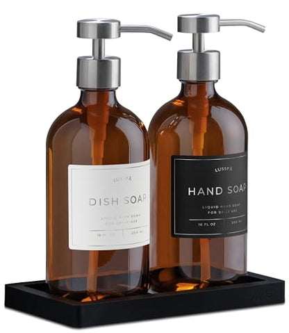 Glass Soap Dispenser Set of 2 (Amber) with Silicone Tray | Hand and Dish Soap Dispenser for Kitchen and Bathroom | 16.8 Oz Glass Bottles with Stainless Steel Pump & 15 Waterproof Labels (Amber/Silver) - color: Amber/Silver