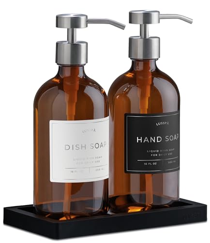 Glass Soap Dispenser Set of 2 (Amber) with Silicone Tray | Hand and Dish Soap Dispenser for Kitchen and Bathroom | 16.8 Oz Glass Bottles with Stainless Steel Pump & 15 Waterproof Labels (Amber/Silver) - color: Amber/Silver