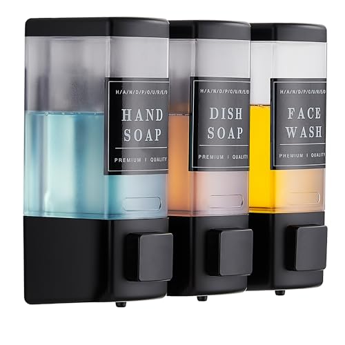 Shampoo and Conditioner Dispenser for Shower,3 Chamber, Black | Wall Mounted, No Drill, 3×16.9oz,ABS Plastic Material,Refillable With Labels, For Bathroom Hotel - color: Black