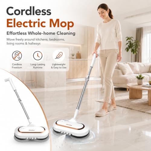 AlfaBot Cordless Electric Mop, Dual Spin Power Floor Cleaner with LED Headlight and Water Spray, 60-Min Runtime Self-Propelled Mop with Adjustable Tube for Hardwood, Tile, Marble and Vinyl Floors