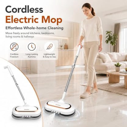 AlfaBot Cordless Electric Mop, Dual Spin Power Floor Cleaner with LED Headlight and Water Spray, 60-Min Runtime Self-Propelled Mop with Adjustable Tube for Hardwood, Tile, Marble and Vinyl Floors