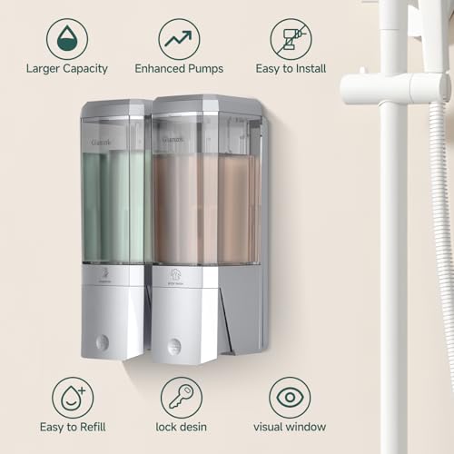 Shampoo and Conditioner Dispenser 2 Chamber No Drill Shower Soap Dispenser Wall Mounted Shampoo Conditioner Body Wash Dispenser 2 * 500ml Refillable Shower Dispenser for Bathroom Hotel, Silver - color: Silver 2 Chamber